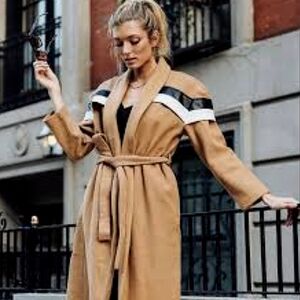 Making the Cut Tan Belted Trench Coat Black White‎ Accents Size Small